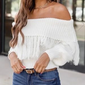 Pink Lily Cream Colored Off the Shoulder Crop Sweater